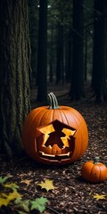 Halloween pumpkin head jack lantern on dark.