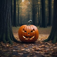 Halloween pumpkin head jack lantern on dark.