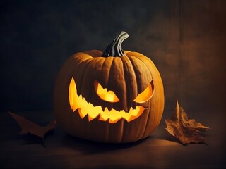 Halloween pumpkin head jack lantern on dark.