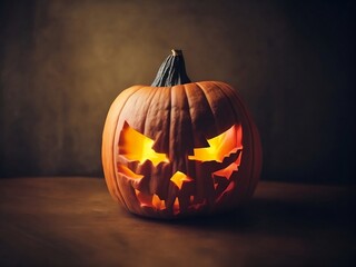 Halloween pumpkin head jack lantern on dark.