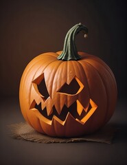 Halloween pumpkin head jack lantern on dark.