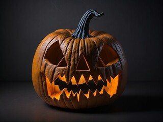 Halloween pumpkin head jack lantern on dark.