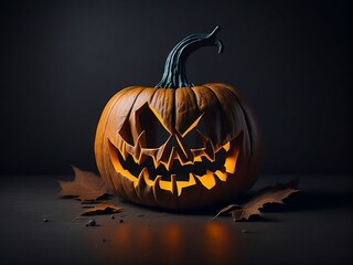 Halloween pumpkin head jack lantern on dark.