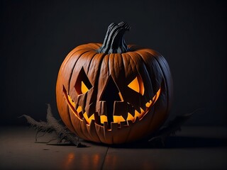 Halloween pumpkin head jack lantern on dark.