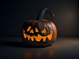 Halloween pumpkin head jack lantern on dark.