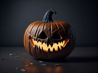 Halloween pumpkin head jack lantern on dark.