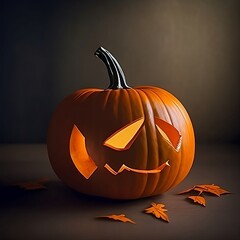 Halloween pumpkin head jack lantern on dark.