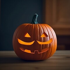 Halloween pumpkin head jack lantern on dark.