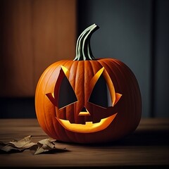 Halloween pumpkin head jack lantern on dark.