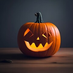 Halloween pumpkin head jack lantern on dark.