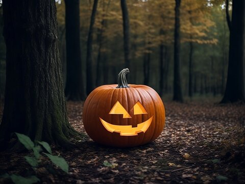Halloween pumpkin head jack lantern on dark.