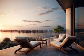 the balcony of a tower with lounge chairs and a view over water
