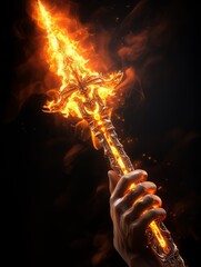 Fire sword in a male warrior's hand. AI