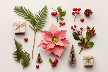 Christmas composition made of Christmas decoration, gifts and winter flowers on white background. Flat lay, top view.