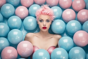 Beautiful girl with pink hair floating in a pool full of Christmas decoration. Pastel Christmas concept.