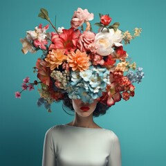Abstract portrait of a beautiful woman with a wreath of colorful fresh spring flowers. Floral spring concept.	