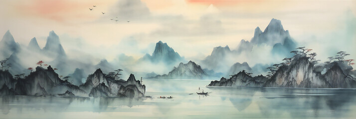 watercolor morning in the mountains somewhere in China