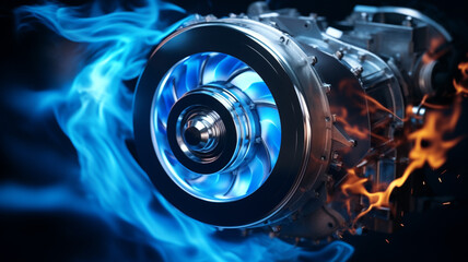 modern car engine with smoke and fire, futuristic engine - obrazy, fototapety, plakaty