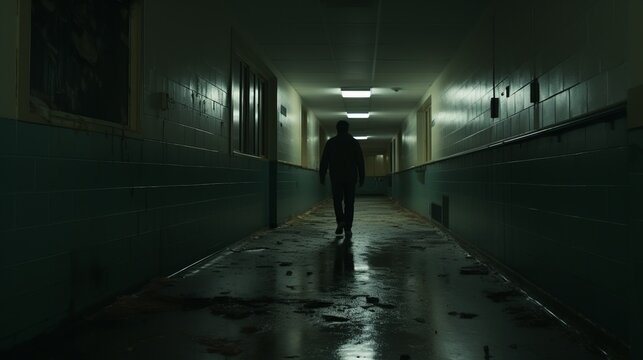 A Man Walking Down A Hallway In A Dark Hallway