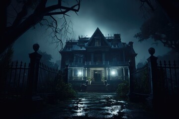 Eerie portrayal of an orphanage on a dark rainy night, encapsulating an atmosphere of suspense and mystery - obrazy, fototapety, plakaty