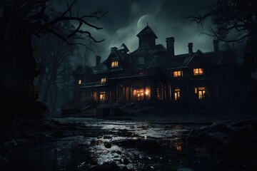 Fototapeta na wymiar Eerie portrayal of an orphanage on a dark rainy night, encapsulating an atmosphere of suspense and mystery