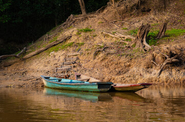 Canoes along the Amazon in Peru.