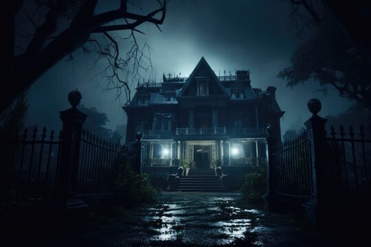 Eerie portrayal of an orphanage on a dark rainy night, encapsulating an atmosphere of suspense and mystery