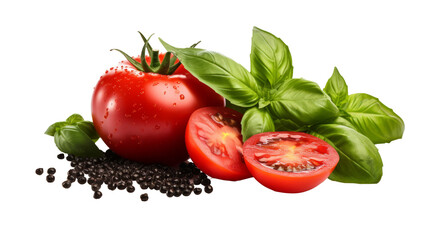 food, cooking, diet or garden design element made of ripe whole and sliced tomatoes, basil leaves and black and green pepper corns isolated over a transparent background, cut-out herbs and vegetables