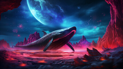 Fantasy dream, space fairy tale background with huge whale flying in night neon sky. ai generative - obrazy, fototapety, plakaty
