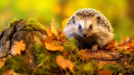 Hedgehog. Wild, native, European hedgehog in Autumn foraging on a fallen log. ai generative