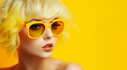 a girl with yellow hair wearing glasses, Place for your text, Digital Minimalism - obrazy, fototapety, plakaty