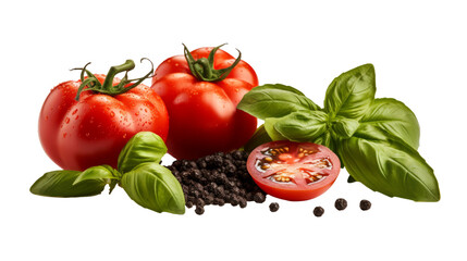 food, cooking, diet or garden design element made of ripe whole and sliced tomatoes, basil leaves and black and green pepper corns isolated over a transparent background, cut-out herbs and vegetables