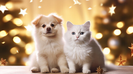 Fototapeta na wymiar white dog and ginger cat pets isolated on blurred xmas lights and tree. ai generative