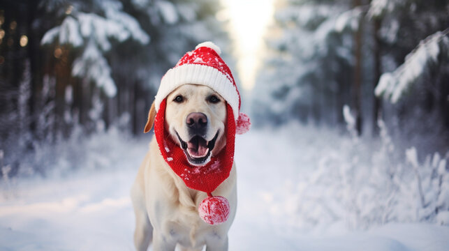 happy labrador dog in santa hat posing outdoors in snow. ai generative