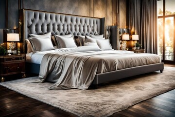 Luxurious Bedroom, Comfortable King Size Bed and premium expensive bed sheets made of pure cotton. - obrazy, fototapety, plakaty