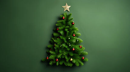 Flat lay of decorative Christmas tree. Plain color background.