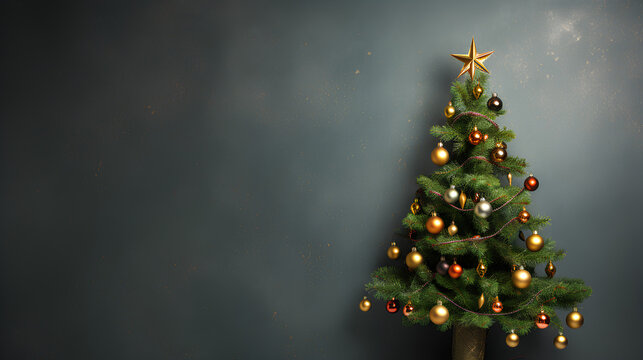Flat lay of decorative Christmas tree. Plain color background.