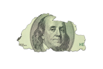 map of bhutan on a american dollar money texture on the white background. finance concept.