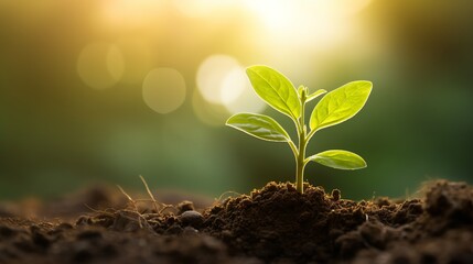 A small, thriving green plant in fertile soil, standing alone with a beautifully blurred background and warm lighting. Suitable for backgrounds related to investment, business, and solitude.