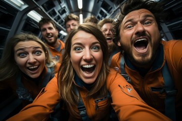 A group of excited space tourists floating in microgravity inside a spacious spacecraft cabin, experiencing the thrill of weightlessness - obrazy, fototapety, plakaty