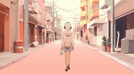 A illustration of a girl walking on the clean and uncluttered streets of Harajuku, listening to music with stylish headphones