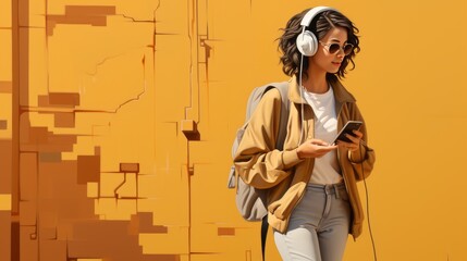A illustration of a girl walking on the clean and uncluttered streets, listening to music with stylish headphones