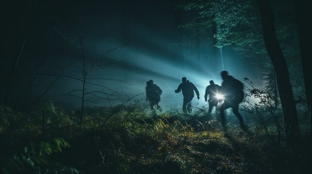 Searching for a missing person in the night woods , concept of lost person