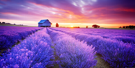 Purple lavender farm with violet and yellow clouds  sunset field of violet flowers leading to old...