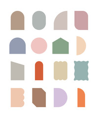 Set of design illustrations of simple, modern, geometric and abstract shapes. Arched, circular, semicircular, square.