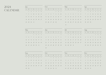 A simple and minimalist style annual template with a 2024 year 12 month calendar. Note, scheduler, diary, calendar, planner design template illustration. - obrazy, fototapety, plakaty