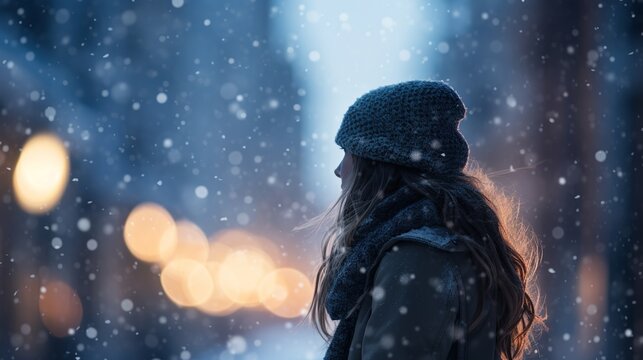 The silhouette of a woman standing alone in the midst of falling snow, walking away, exuding a romantic, lonely, and dramatic moment. Romantic photography.