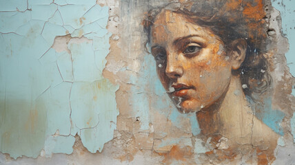 Face of young woman painted on old wall like Ancient fresco, fine art. Portrait of female person on antique background with copy space. - obrazy, fototapety, plakaty
