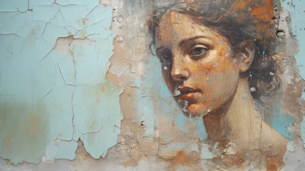 Foto op Canvas Face of young woman painted on old wall like Ancient fresco, fine art. Portrait of female person on antique background with copy space. © scaliger