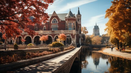 Fototapeta premium Enchanting European Landscapes: Discovering Historic Architecture, Serene Rivers, Charming Towns, and Majestic Castles in Autum, generative AI